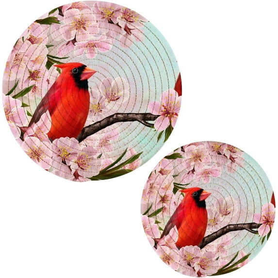 GZHJMY 2 Pcs Flower Tree Branch Cardinal Round Woven Pot Holders Trivets Set, Cotton Coasters Placemats for Cooking Baking Hot Dish Pan Pot Bowl Teapot(7&9 Inches Diameter)