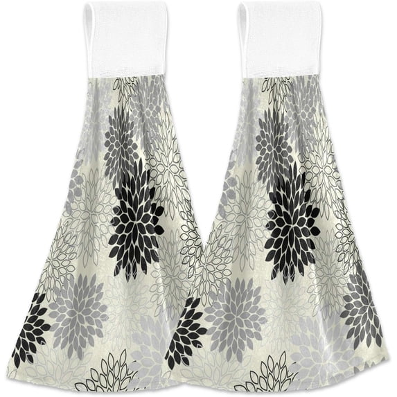 GZHJMY 2 Pcs Kitchen Hand Towel Mum Flower Hanging Tie Towels Absorbent Towel Soft Coral Velvet Hanging Towel for Kitchen Bathroom