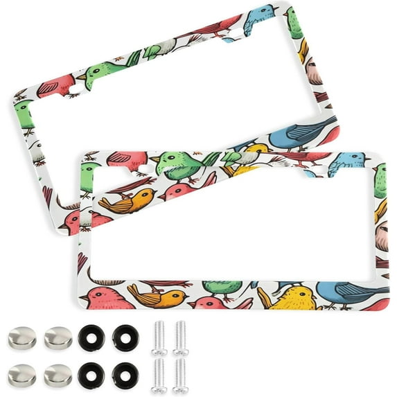 GZHJMY 2 Pcs License Plate Frame Colorful Birds License Plate Cover Universal Aluminum US Car Tag Frame with 2 Holes and Screws for Front & Back License Plate Decorative