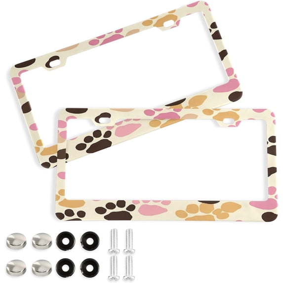 GZHJMY 2 Pcs License Plate Frame Colorful Dog Paws License Plate Cover Universal Aluminum US Car Tag Frame with 2 Holes and Screws for Front & Back License Plate Decorative
