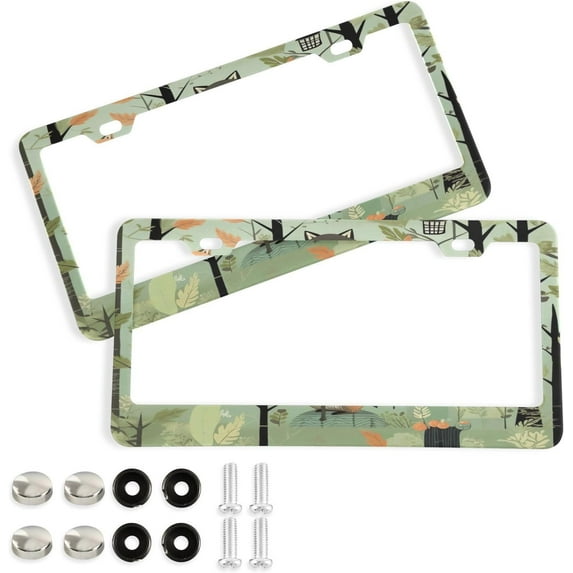 GZHJMY 2 Pcs License Plate Frame Cute Fox Animal License Plate Cover Universal Aluminum US Car Tag Frame with 2 Holes and Screws for Front & Back License Plate Decorative
