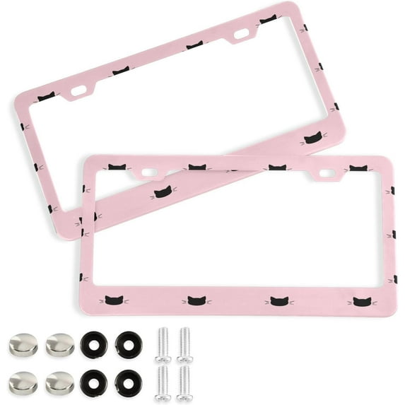 GZHJMY 2 Pcs License Plate Frame Pink Cats License Plate Cover Universal Aluminum US Car Tag Frame with 2 Holes and Screws for Front & Back License Plate Decorative