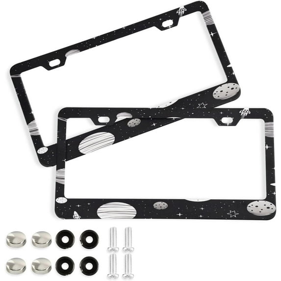 GZHJMY 2 Pcs License Plate Frame Planetary Flyer License Plate Cover Universal Aluminum US Car Tag Frame with 2 Holes and Screws for Front & Back License Plate Decorative