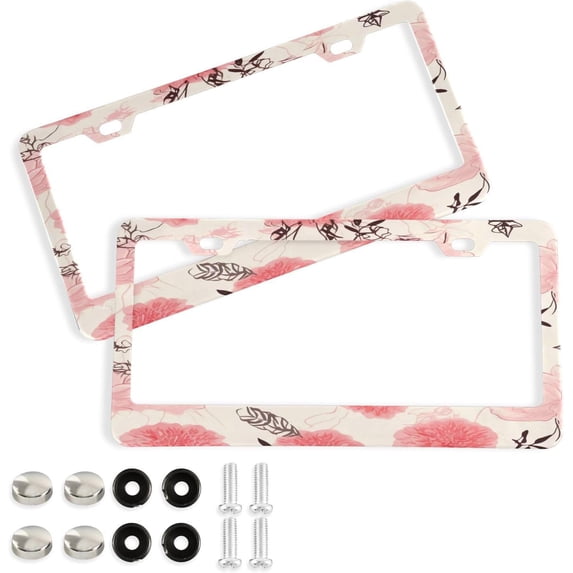 GZHJMY 2 Pcs License Plate Frame Romantic Roses License Plate Cover Universal Aluminum US Car Tag Frame with 2 Holes and Screws for Front & Back License Plate Decorative