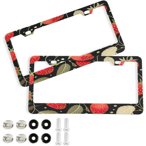 GZHJMY 2 Pcs License Plate Frame Strawberry Flower License Plate Cover Universal Aluminum US Car Tag Frame with 2 Holes and Screws for Front & Back License Plate Decorative