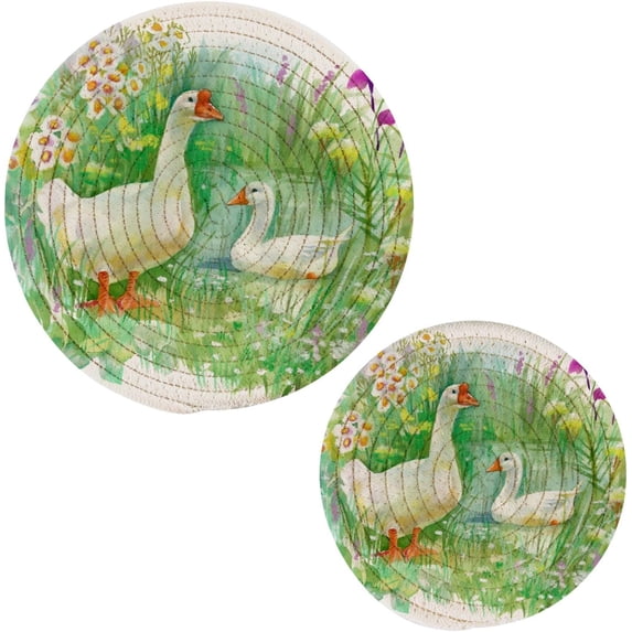 GZHJMY 2 Pcs Woven Pot Holders Trivets Set, Spring Farm Goose Round Cotton Coasters Placemats for Cooking Baking Hot Dish Pan Pot Bowl Teapot(7&9 Inches Diameter)