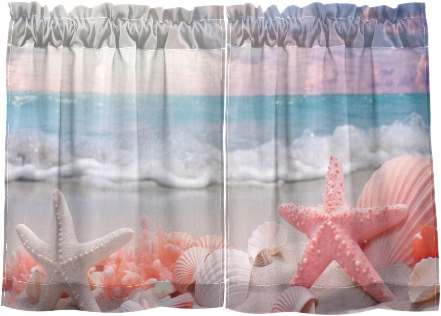GZHJMY 24 Inch Length Kitchen Curtains Beach Starfish Shells 2 Panels ...