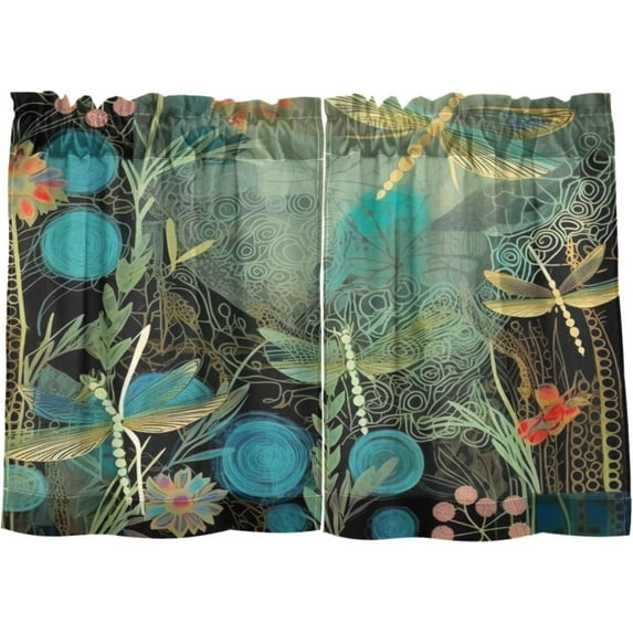 GZHJMY 24 Inch Length Kitchen Curtains Dragonflies Flowers 2 Panels Half Window Sheer Curtains Rod Pocket Farmhouse Short Drapes for Bathroom Cafe Basement Home Decor