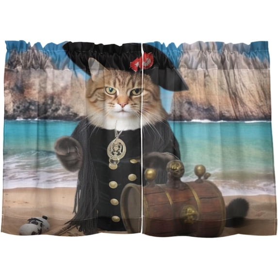 GZHJMY 24 Inch Length Kitchen Curtains Pirate Captain Cat 2 Panels Half Window Sheer Curtains Rod Pocket Farmhouse Short Drapes for Bathroom Cafe Basement Home Decor
