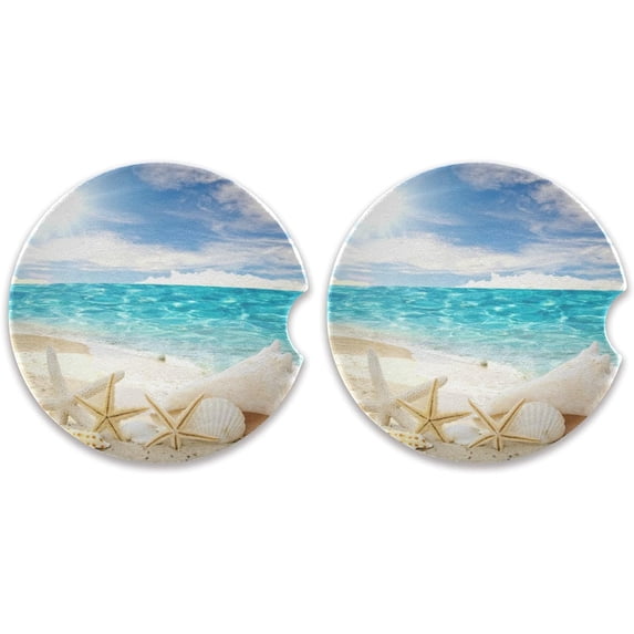 GZHJMY 2CPS Beach Starfishes Car Coasters,Absorbent Car Ceramic Coasters with Cork Base A Finger Notch for Easy Removal from Auto Cupholder