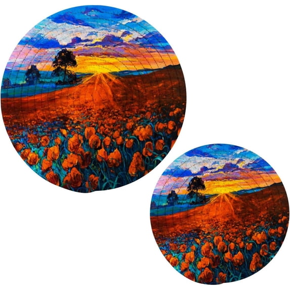 GZHJMY 2PCS Beautiful Poppy Flowers Floral Field Sunset Trivets Pot Holders Set and Placemats Set, Table Mats for Cooking and Baking, Cotton Braided Hot Pads, 7.09"+9.45"