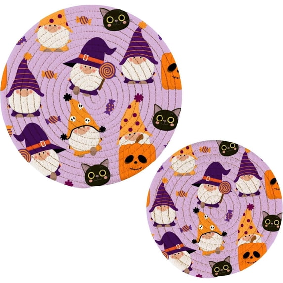 GZHJMY 2PCS Cute Gnomes in Halloween Costume Trivets Pot Holders Set and Placemats Set, Hot Pads, Table Mats for Cooking and Baking, Cotton Braided Hot Pads, 7.09"+9.45"