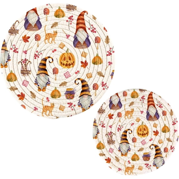 GZHJMY 2PCS Cute Gnomes and Pumpkins Leaves Trivets Pot Holders Set and Placemats Set, Hot Pads, Table Mats for Cooking and Baking, Cotton Braided Hot Pads, 7.09"+9.45"