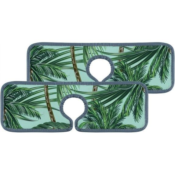 GZHJMY 2PCS Faucet Absorbent Mat, Palm Tree Leaves Washable Sink Splash Guard Drip Catcher, Kitchen Bath Countertop Microfiber Sink Drying Mats for Kitchen