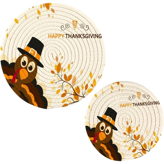 GZHJMY 2PCS Happy Thanksgiving with Cartoon Turkey and Autumn Leaves Trivets Pot Holders Set and Placemats Set, Table Mats for Cooking and Baking, Cotton Braided Hot Pads, 7.09"+9.45"