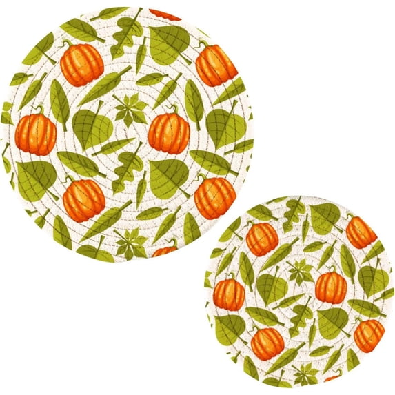 GZHJMY 2PCS Orange Pumpkin and Green Leaves Trivets Pot Holders Set and Placemats Set, Hot Pads, Table Mats for Cooking and Baking, Cotton Braided Hot Pads, 7.09"+9.45"