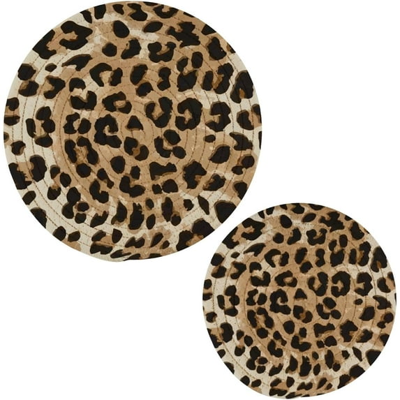 GZHJMY 2Pcs Animal Skin Leopard Print Round Woven Pot Holders Trivets Set, Pure Cotton Coasters Placemats for Cooking Baking Hot Dish Pan Pot Bowl Teapot(7&9 Inches)