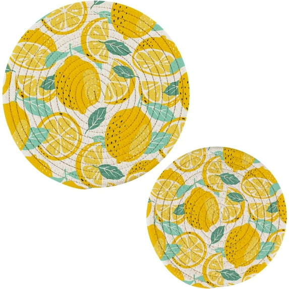 GZHJMY 2Pcs Fresh Yellow Lemon Fruit Round Woven Pot Holders Trivets Set, Pure Cotton Coasters Placemats for Cooking Baking Hot Dish Pan Pot Bowl Teapot(7&9 Inches)