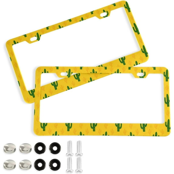 GZHJMY 2pcs Hand Painted Cactus License Plate Frame for Car Decorative Accessories Rustproof License Plate Cover with Screws for US Vehicles 12x6 Inch(357)