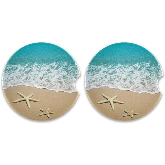 GZHJMY 2pcs Sea Beach Starfish Car Coaster for Drinks, Absorbent Ceramic Car Cup Holder Coasters with Cork Back and Finger Slot for Men Women Novelty Car Accessories