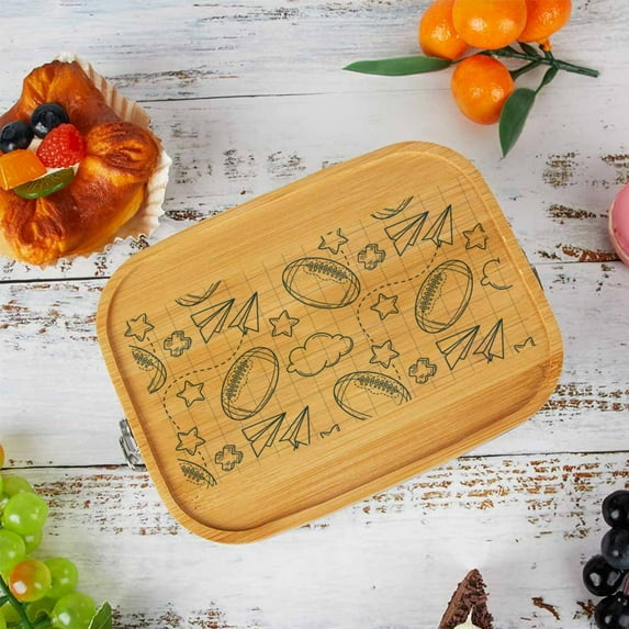 GZHJMY 304 Stainless Steel Lunch Box Bamboo Lid, Cartoon American Footballs Lunch Containers for Adults Leakproof, 8×10*3 Inch