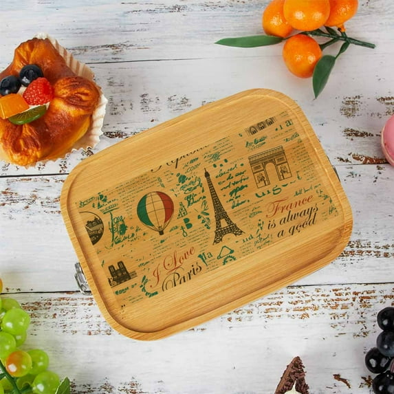 GZHJMY 304 Stainless Steel Lunch Box Bamboo Lid, France and Paris with French Symbols Lunch Containers for Adults Leakproof, 8×10*3 Inch