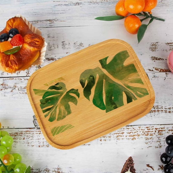 GZHJMY 304 Stainless Steel Lunch Box Bamboo Lid, Tropical Style Palm Leaves Lunch Containers for Adults Leakproof, 8×10*3 Inch