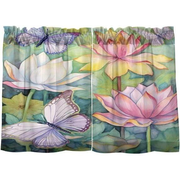 GZHJMY 36 Inch Length Kitchen Curtains Butterflies Lotus 2 Panels Half Window Sheer Curtains Rod Pocket Farmhouse Short Drapes for Bathroom Cafe Basement Home Decor