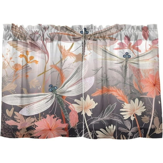 GZHJMY 36 Inch Length Kitchen Curtains Colorful Dragonflies 2 Panels Half Window Sheer Curtains Rod Pocket Farmhouse Short Drapes for Bathroom Cafe Basement Home Decor