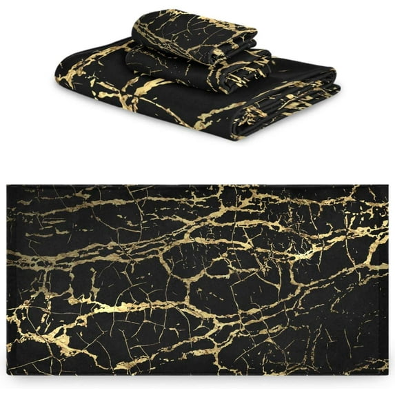 GZHJMY 3D Black Marble with Gold Line Print Soft Luxury Decorative Set of 3 Towels, 1 Bath Towel+1 Hand Towel+1 Washcloth, Multipurpose for Bathroom, Hotel, Gym, Spa and Kitchen