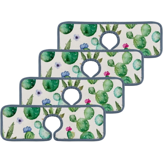 GZHJMY 4PCS Faucet Absorbent Mat, Watercolor Cactus Flowers Washable Sink Splash Guard Drip Catcher, Kitchen Bath Countertop Microfiber Sink Drying Mats for Kitchen