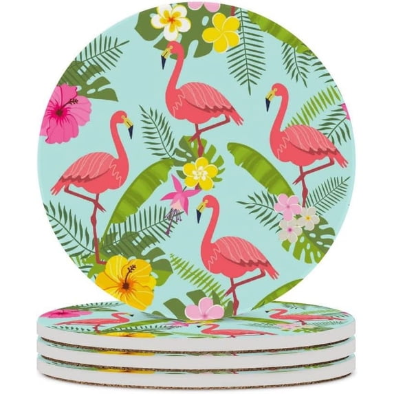 GZHJMY 4Pcs Round Flamingo Tropical Leaves and Flowers Ceramic Coasters with Cork-Backed for Coffee Drink, Cup Mat Absorbent Stone Coasters