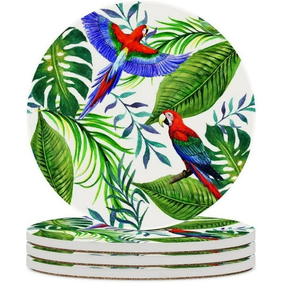 GZHJMY 4Pcs Round Tropical Leaves and Birds Ceramic Coasters with Cork-Backed for Coffee Drink, Cup Mat Absorbent Stone Coasters