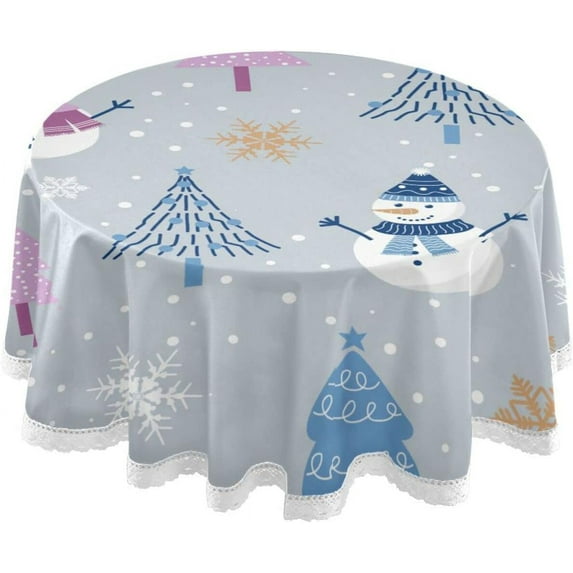 GZHJMY 60 Inch Round Tablecloth - Christmas Cute Snowman Waterproof Spill-Proof Table Cloth with Lace Washable Decorative Fabric Table Cover for Dining Tables, Kitchen and Parties Home Decor