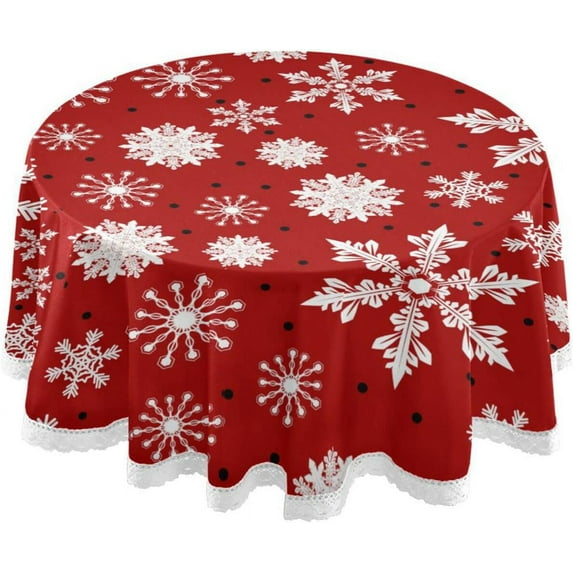 GZHJMY 60 Inch Round Tablecloth - Christmas Snowflakes Waterproof Spill-Proof Table Cloth with Lace Washable Decorative Fabric Table Cover for Dining Tables, Kitchen and Parties Home Decor