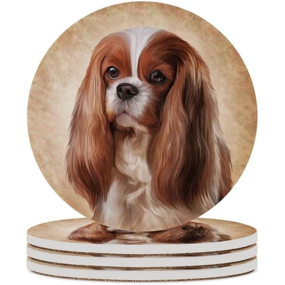 GZHJMY 6Pcs Round Cavalier King Charles Spaniel Portrait Ceramic Coasters with Cork-Backed for Coffee Drink, Cup Mat Absorbent Stone Coasters