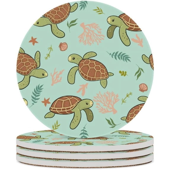 GZHJMY 6Pcs Round Cute Sea Turtles Leaves Ceramic Coasters with Cork-Backed for Coffee Drink, Cup Mat Absorbent Stone Coasters