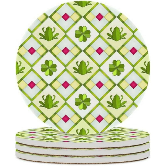 GZHJMY 6Pcs Round Geometric Pattern with Frogs Ceramic Coasters with Cork-Backed for Coffee Drink, Cup Mat Absorbent Stone Coasters