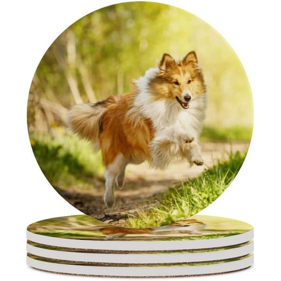 GZHJMY 6Pcs Round Happy Dog in a Summer Path Ceramic Coasters with Cork-Backed for Coffee Drink, Cup Mat Absorbent Stone Coasters