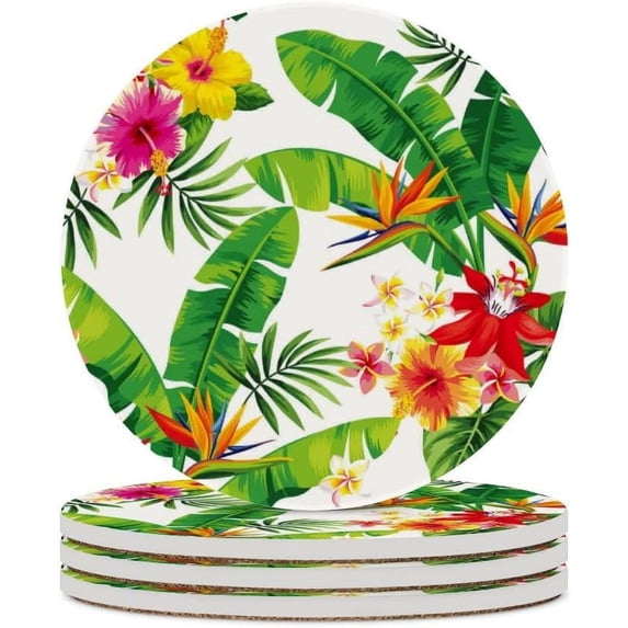 GZHJMY 6Pcs Round Summer Palm Leaves and Tropical Flowers Ceramic Coasters with Cork-Backed for Coffee Drink, Cup Mat Absorbent Stone Coasters