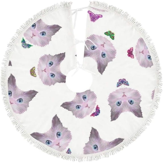 GZHJMY Abstract Kitten Head and Butterflies Christmas Tree Skirt 36" for Indoor Outdoor Holiday Party Office Store Cupboard Decoration