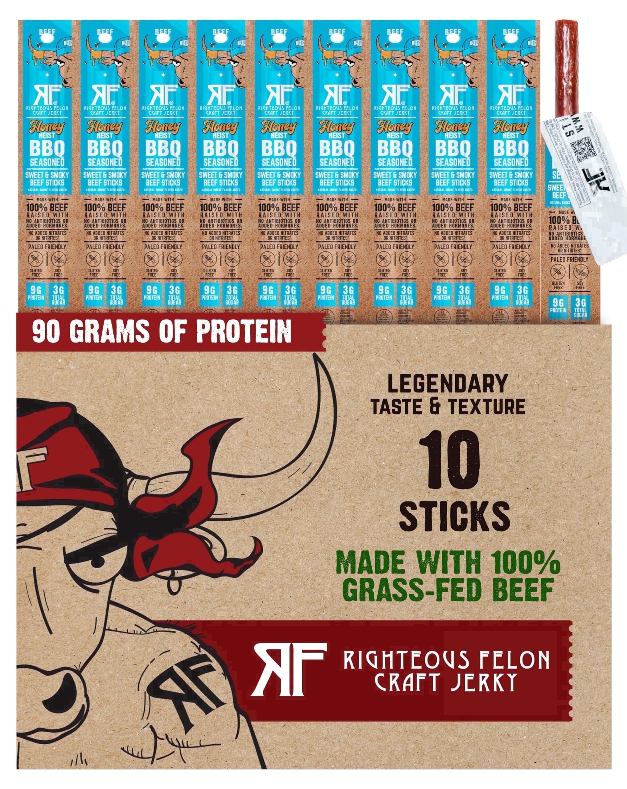 Righteous Felon Grass-Fed Meat Sticks - Low Sugar, High Protein Beef - Honey Heist BBQ, 10 pack