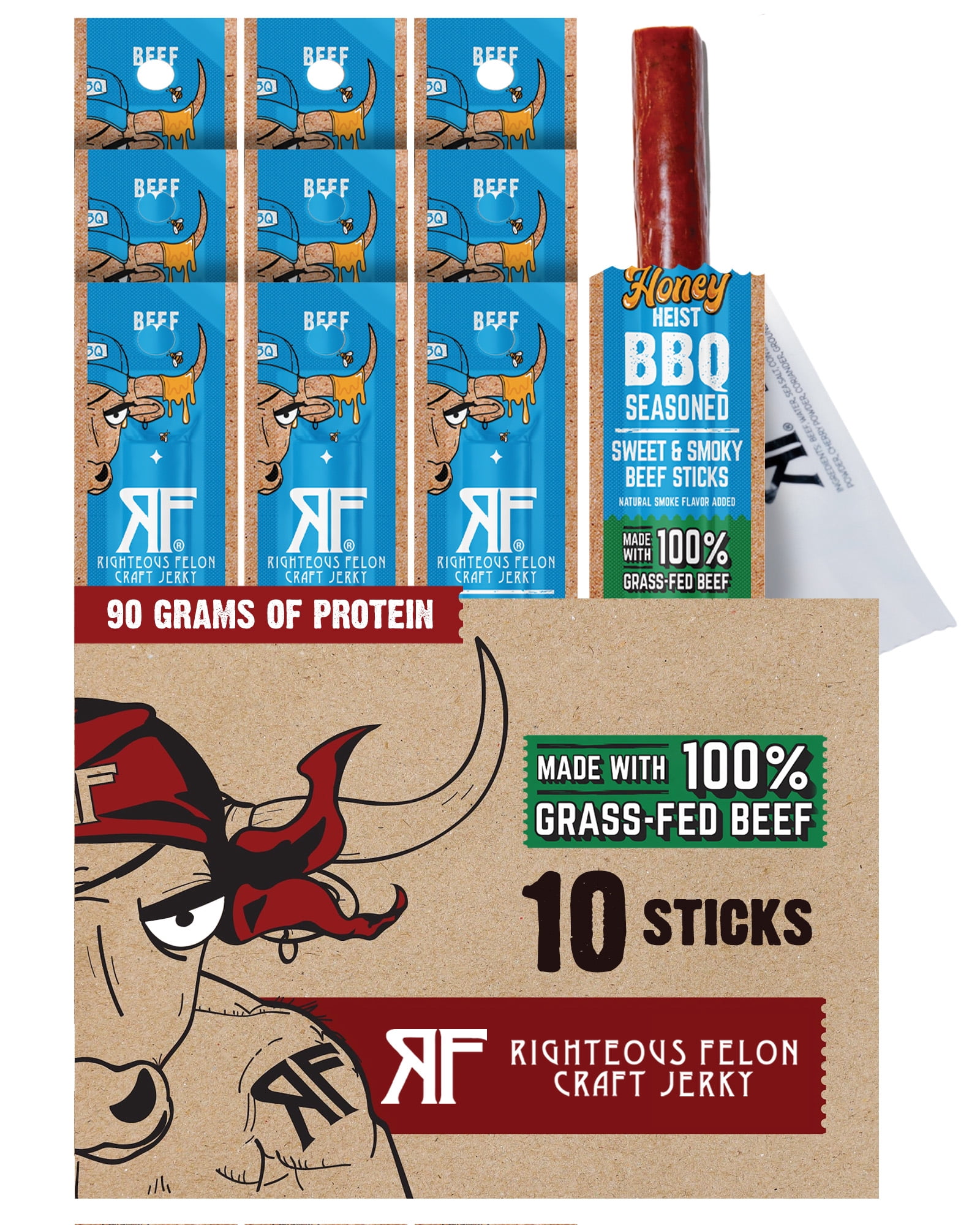 Righteous Felon Grass-Fed Meat Sticks - Low Sugar, High Protein Beef - Honey Heist BBQ, 10 pack