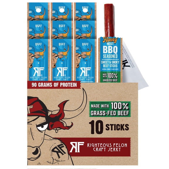 Righteous Felon Grass-Fed Meat Sticks - Low Sugar, High Protein Beef - Honey Heist BBQ, 10 pack