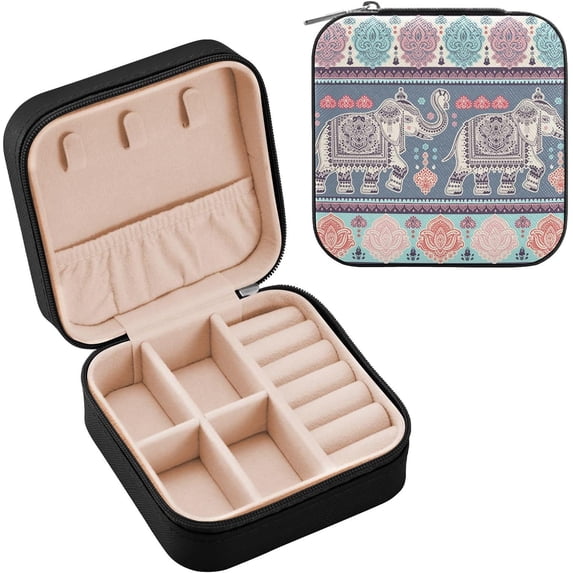 GZHJMY African Ethnic Elephant Travel Jewelry Box, PU Leather Small Jewelry Organizer Boxes for Women Girls, Mini Portable Jewerly Storage Display Holder for Earrings, Ring, Necklaces, Bracelets(301)
