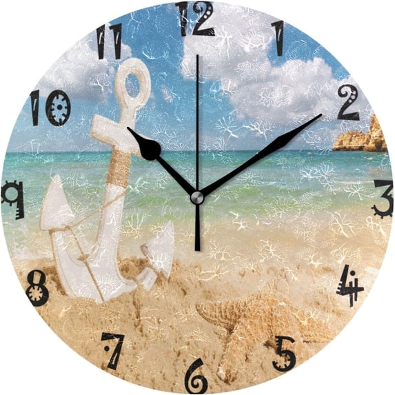 GZHJMY Anchor on Summer Beach Wall Clock,Silent Non Ticking 10 Inch Battery Operated Round Wall Clocks for Kitchen,Home,Bedrooms,Office Decor