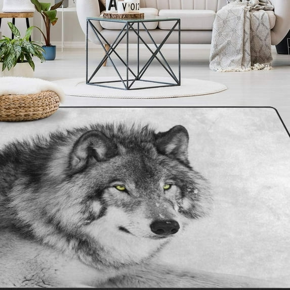 GZHJMY Animal Area Rug 3'x5', Black and White Wolf Polyester Area Rug Mat for Living Dining Dorm Room Bedroom Home Decorative