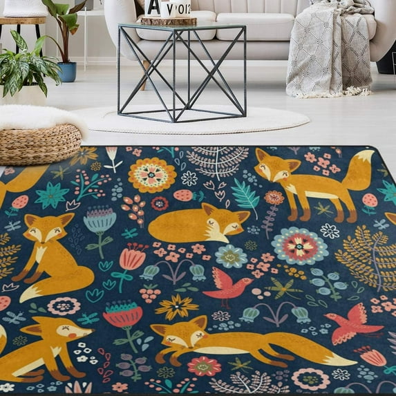 GZHJMY Animal Area Rug 4'x5', Cute Floral Fox Pattern Polyester Area Rug Mat for Living Dining Dorm Room Bedroom Home Decorative