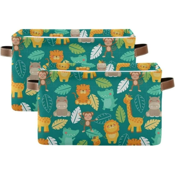 GZHJMY Animals Pattern Rectangular Storage Bins, 2 PCS Collapsible Toy Storage Bins, Waterproof Canvas Rectangular Storage Bin with Leather Handles for Closets,Bedrooms,Kids Toy,Gift Baskets