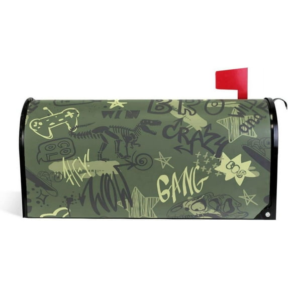 GZHJMY Army Green Graffiti Dinosaur Magnetic Mailbox Cover Standard Size Mailbox Wraps MailWraps Post Letter Box Cover Garden Yard 21 x 18 in Home Decor